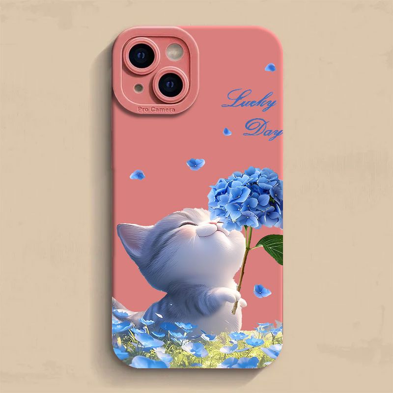 Custodia per telefono Lucky Cat Blue Flowers per iPhone 16 15 14 13 12 11 Pro Max 12 13 Mini XS XR X 8 7 14 15 Plus Cover morbida in silicone_voghion.com