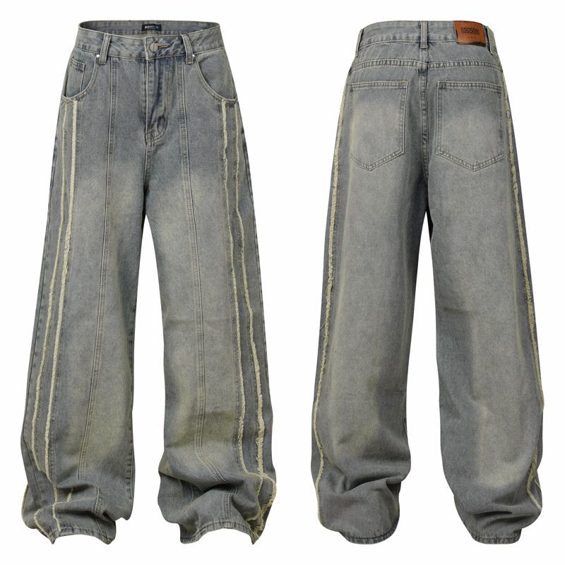 Muška odjeća Modni brend Krojenje Raw Edge Bar Design Isprane stare rupe Izlizane bijele široke nogavice High Street trend muške traperice_voghion.com