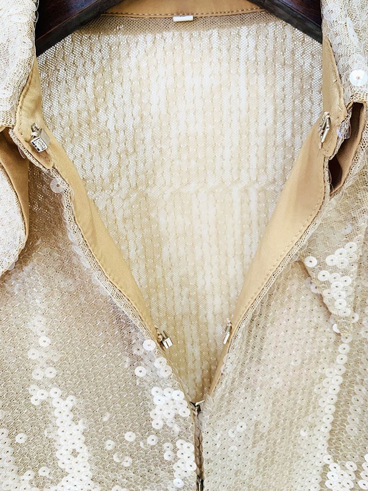 Ropa de mujer, moda estrella, mangas trompeta divididas, camisa de malla con cuentas y lentejuelas transparentes, pantalones acampanados_voghion.com