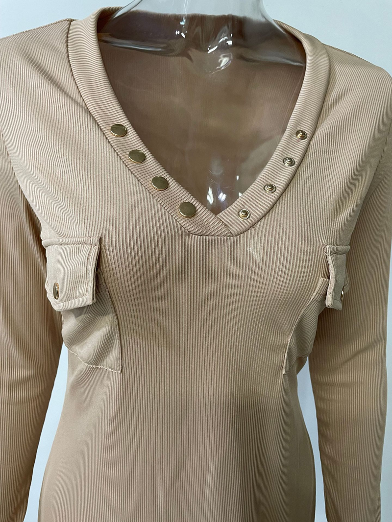 Robe côtelée tricotée décontractée pour femmes, manches longues, jupe portefeuille à la taille avec boutons sur les hanches_voghion.com
