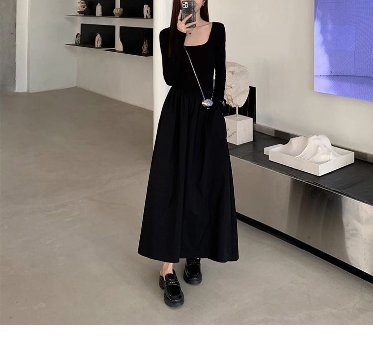 Quadratischer Ausschnitt im französischen Stil für Damen, Frühling und Herbst, neues elegantes, taillenbetontes, schlankmachendes Ärmelkleid in Schwarz mit A-Linie_voghion.com