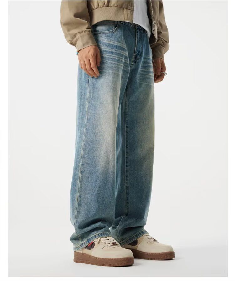 Spring And Autumn New American Retro Washed Old Jeans Men's Loose Straight Cat Beard Wide Leg Casual Long Pants_voghion.com