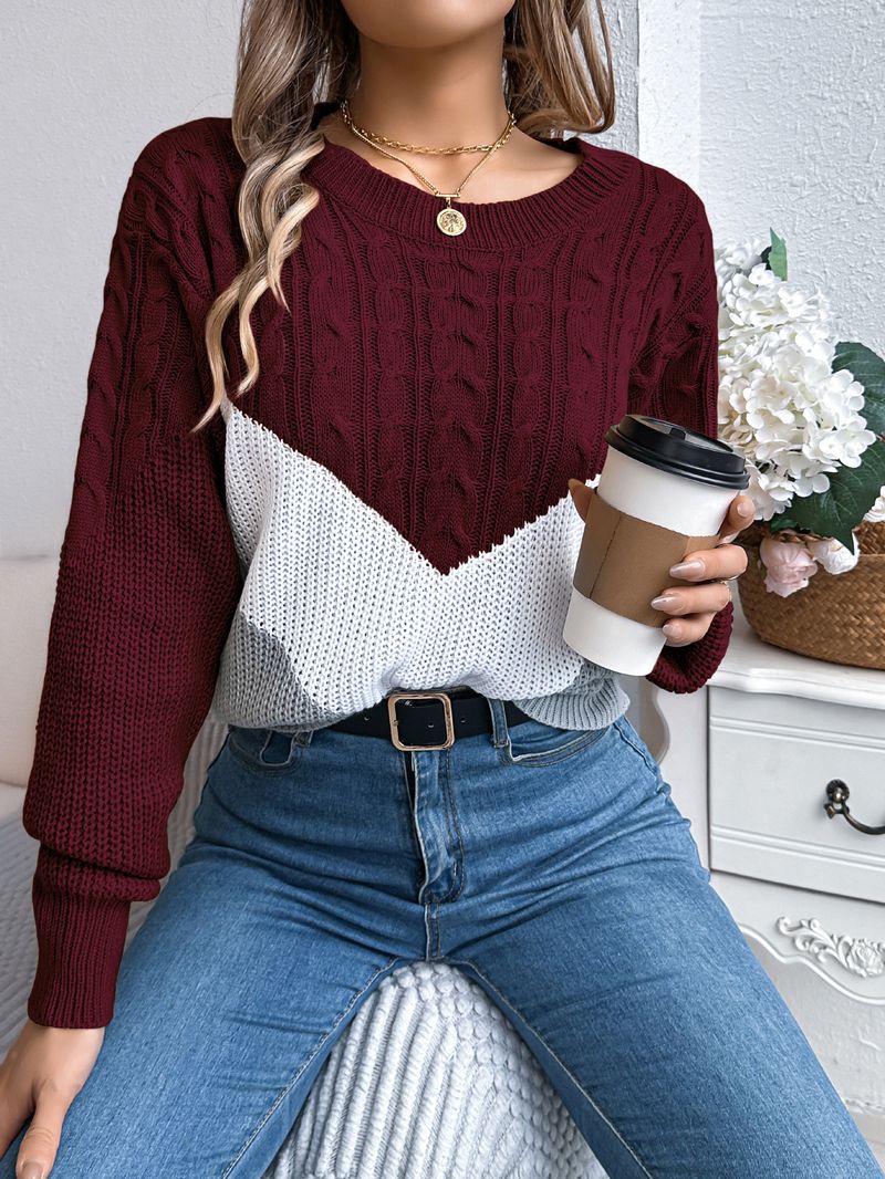 Maglione pullover a maniche a lanterna in maglia a blocchi di colore casual autunno inverno 2025 da donna_voghion.com