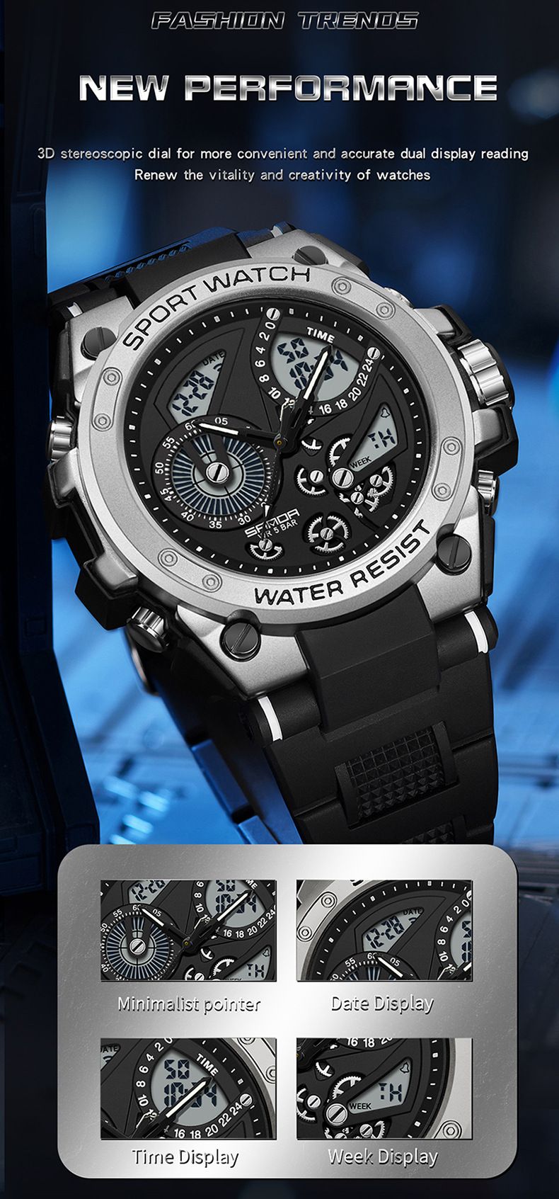 Men's Sport Watch With Dual Display, Alarm, Waterproof, LED Backlight, Stopwatch, And Day/Date Function - Stylish Round Dial For Active Lifestyles_voghion.com