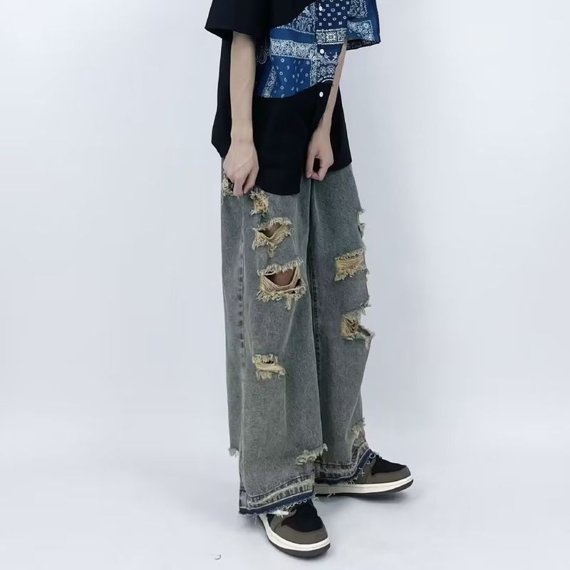 High Street Hole Mid Waist Jeans Men's Retro Beggars Old Loose Slim Bf Straight Wide Leg Mopping Trousers_voghion.com