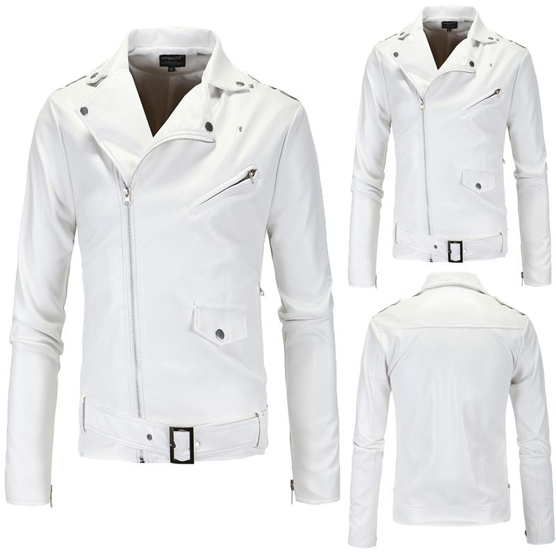 Giacca casual da uomo slim fit in pelle PU tinta unita con cerniera diagonale, cintura regolabile, antivento, per l'uso quotidiano_voghion.com