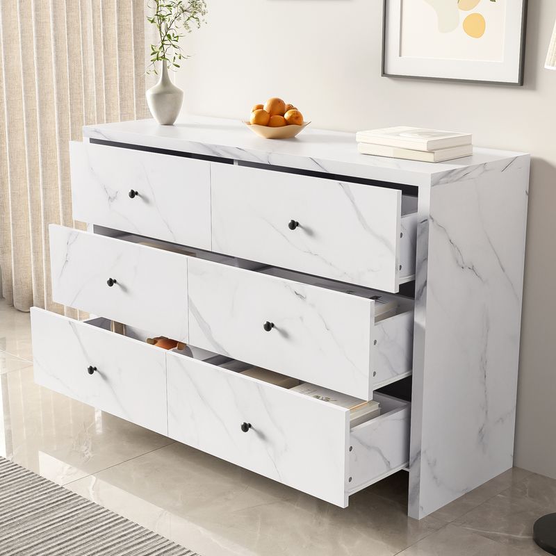 Buffet aspect marbre, 120 cm, 6 tiroirs, poignées en bois noir, sécurité anti-basculement - Meuble de rangement moderne pour la maison_voghion.com