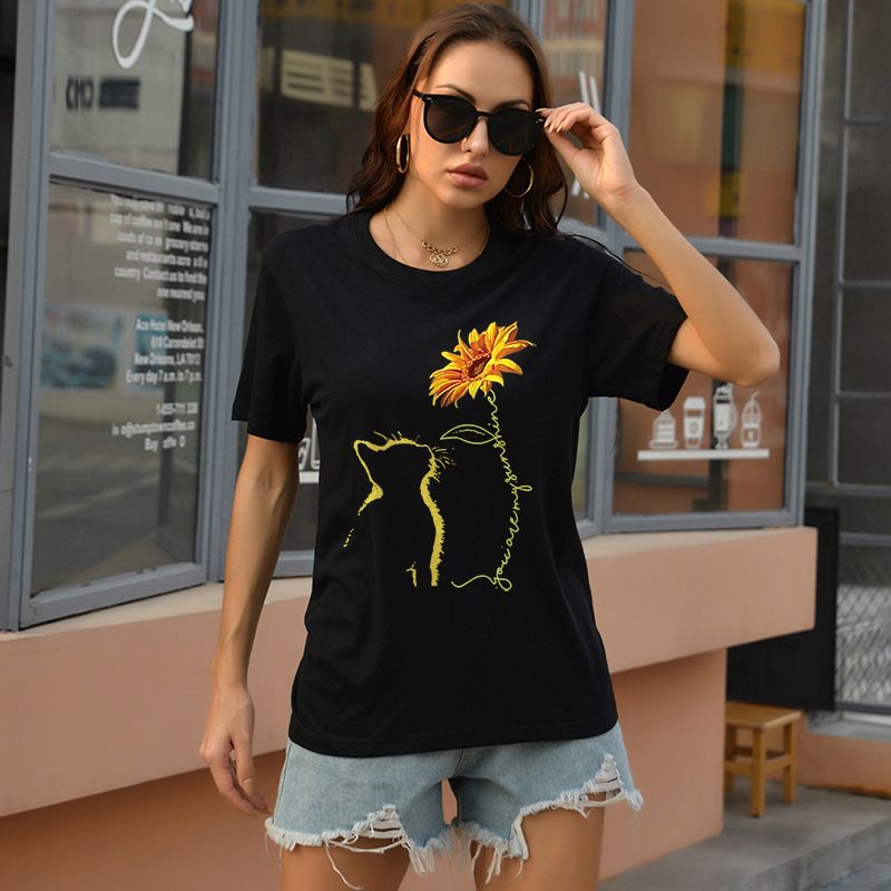women's tops sunflower cat print loose round neck short sleeve large size T-shirt_voghion.com