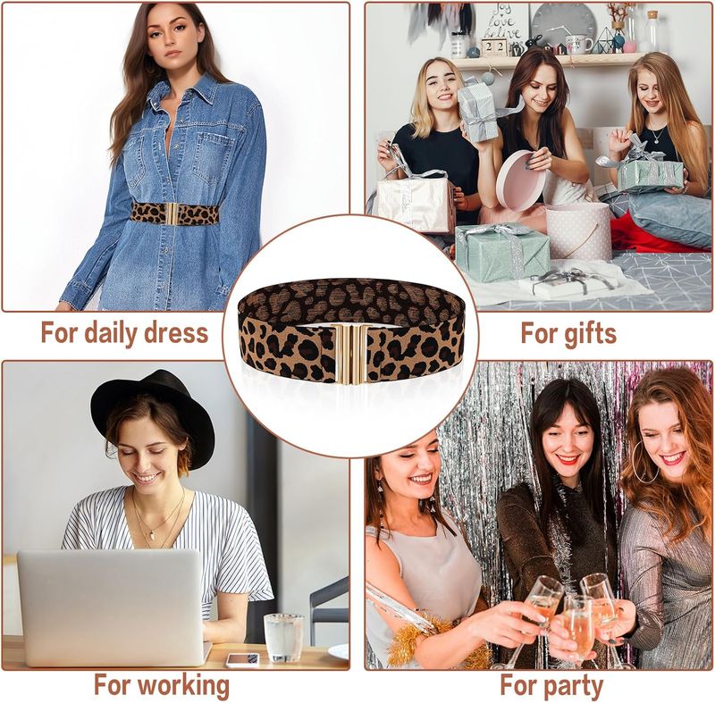 Stretch-Taille für Damen, schmaler breiter Bund, Vintage mit elastischem Leopardenmuster, Retro-Kleid, Einsteckfach, flache Schnalle, Kleid_voghion.com