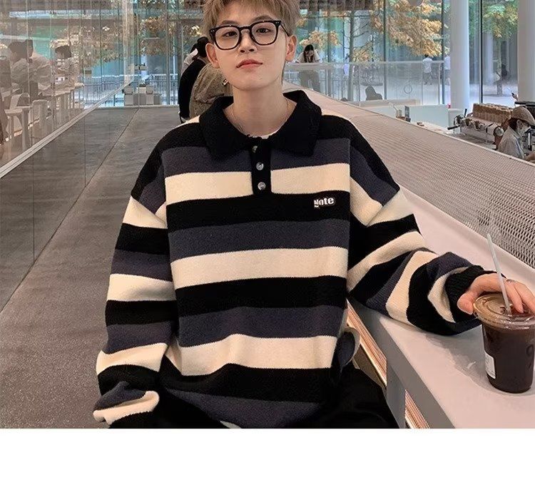 Polokragen für Jungen im Herbst und Winter, Lazy Style, kontrastfarbene Streifen, lockere Passform, Teenager-Revers, gestrickt_voghion.com
