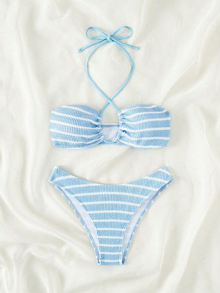 Damenbekleidung Gestreifter Badeanzug Sexy Dreipunkt-Bikini Split Badeanzug Frauen Sommer_voghion.com