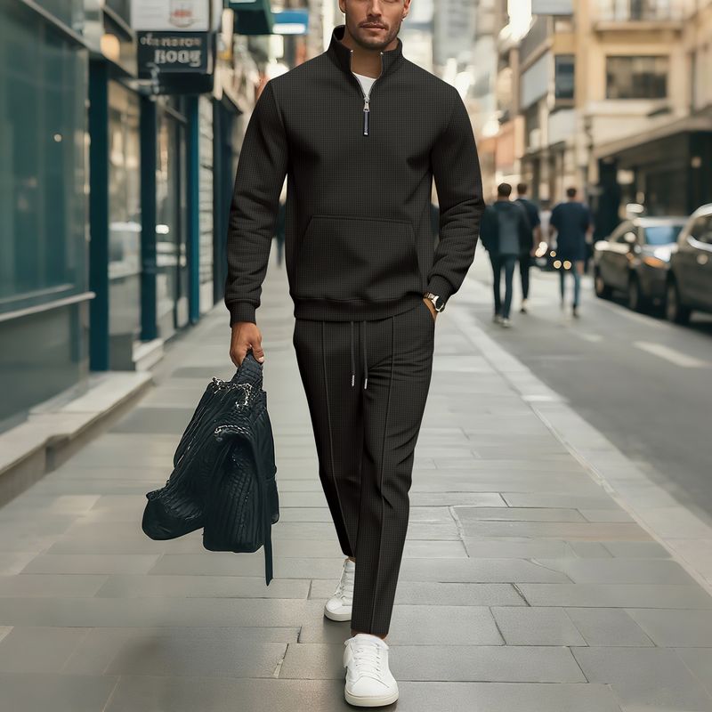 Herren-Set aus Waffelstrickpullover mit halbem Reißverschluss und Hose – lässiges Lounge-Outfit mit langen Ärmeln für den Herbst (Schwarz, Grau, Khaki, Weiß, Blau)_voghion.com