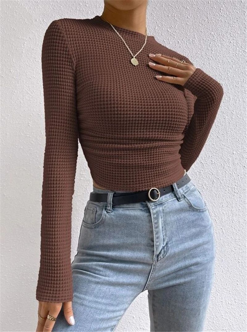 Herbst Damen Solid Knit Plissee Side Langarm T-Shirt Lange Ärmel Solid Slim Tees All Match Basic Tops Unterhemd_voghion.com