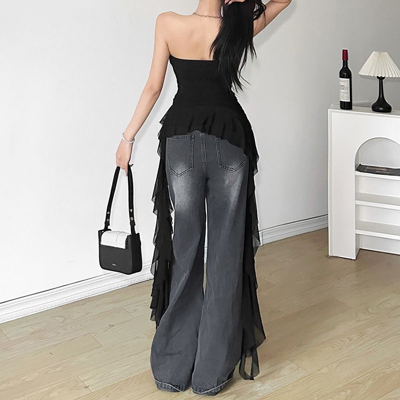 Spring New Women's Solid Color Slim Fit Street Fashion Off-Shoulder Sleeveless Ruched Top_voghion.com