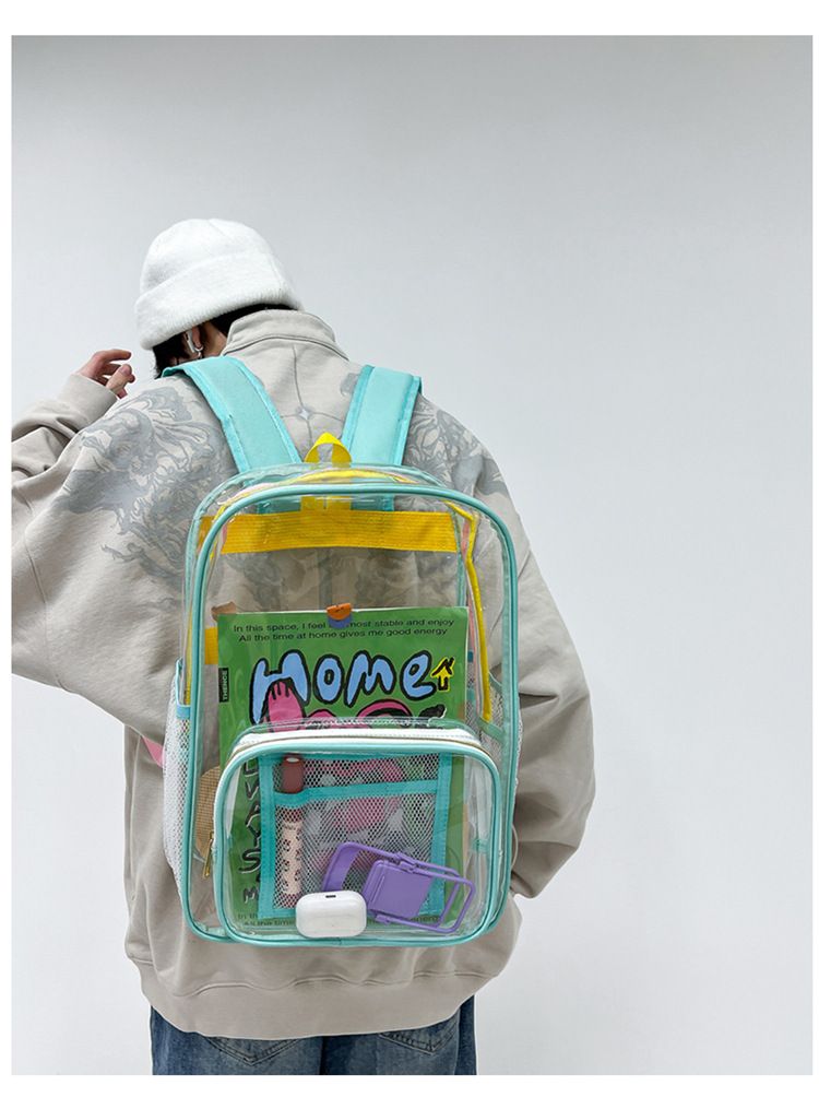 Zaino in PVC trasparente a contrasto con colore Dopamina, versione coreana, borsa per studenti trasparente alla moda, borsa in PVC_voghion.com