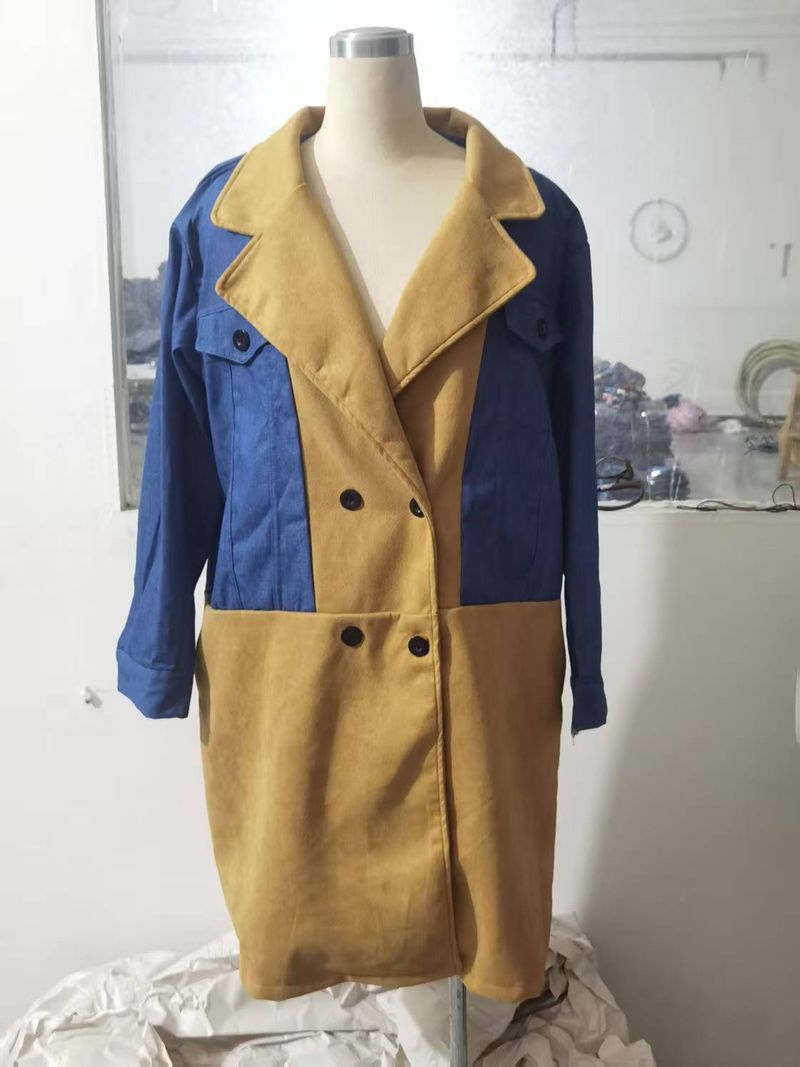 Damenbekleidung Anzugkragen Denim Splicing Mittellanger Mantel für Damen_voghion.com
