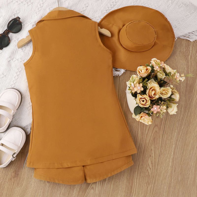 Trendy Spring/Summer Small and Medium School Girl with Sling+Solid Color Sleeveless Suit+Shorts+Hat Set of Four_voghion.com