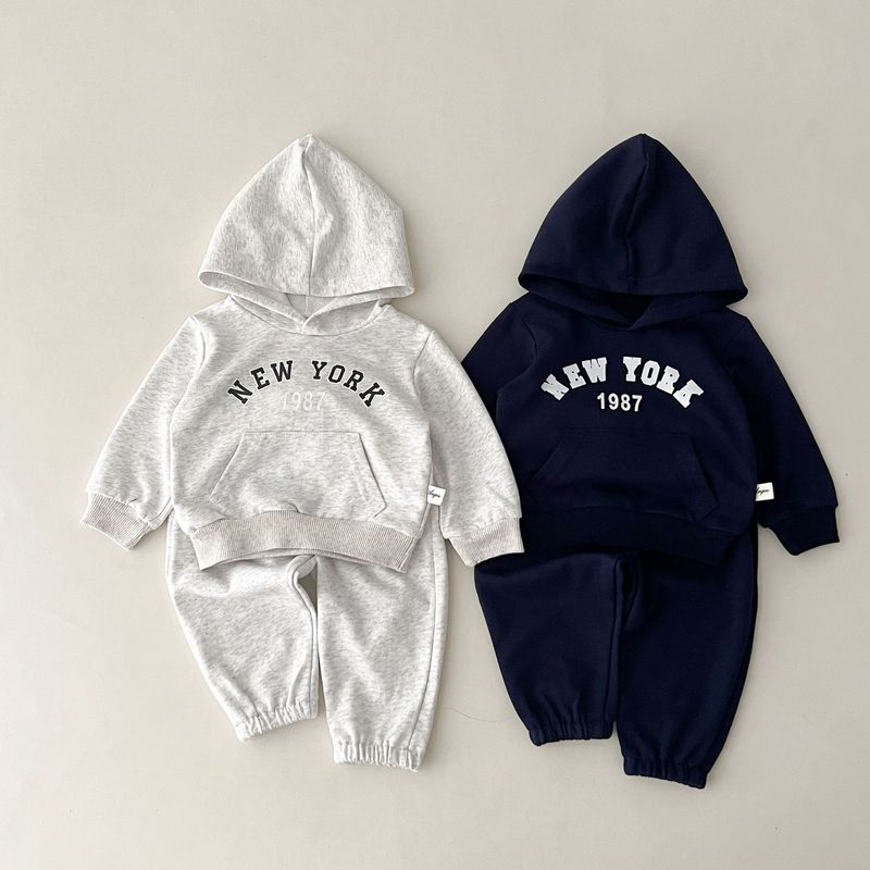 Tuta da ginnastica con cappuccio in cotone per bambini, morbida e traspirante, 2 pezzi stampati (grigio con fiori bianchi/blu reale, 80-130 cm)_voghion.com