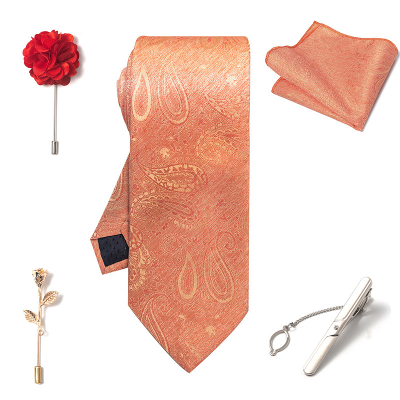 Set da uomo alla moda in tinta unita a righe con anacardi, confezione regalo da 6 pezzi, set con corsetto con fermacravatta e sciarpa quadrata_voghion.com