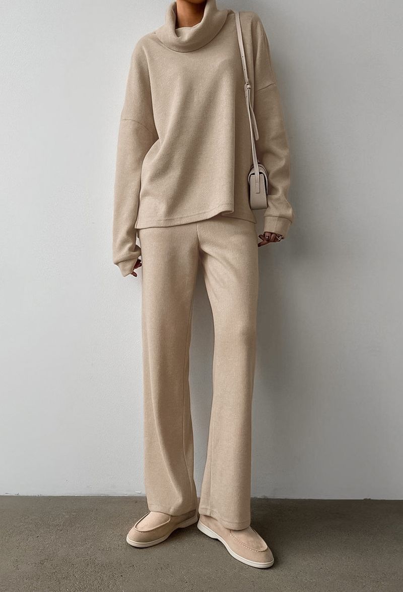 Suéter de malha cáqui com gola alta para outono e inverno, feminino, casual, simples, camisa, blusa, calça comprida, conjunto de duas peças feminino_voghion.com