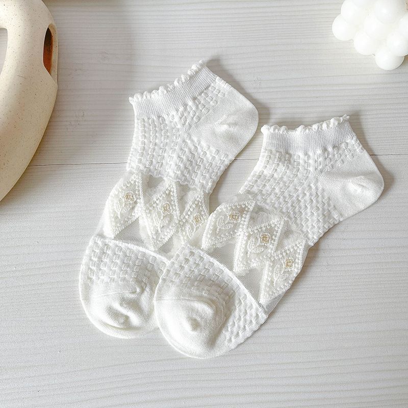 Women's wooden ear socks summer versatile hollow mesh white lace thin socks sweat-absorbent breathable glass Silk_voghion.com