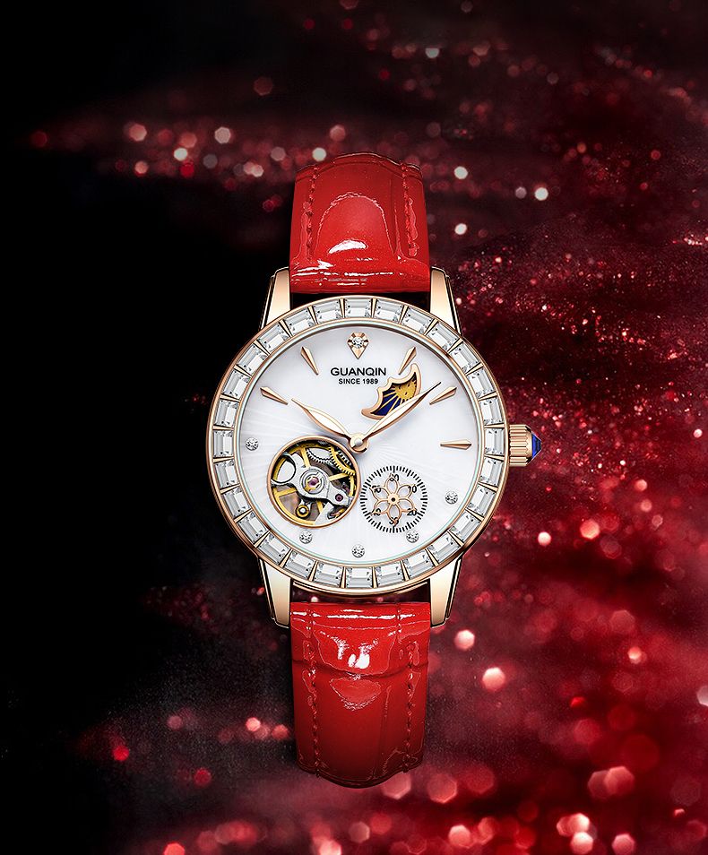 Montre mécanique de luxe Guanqin pour femme, mouvement automatique, lunette trempée au diamant, cadran squelette, étanche à 30 m, pour cadeaux_voghion.com