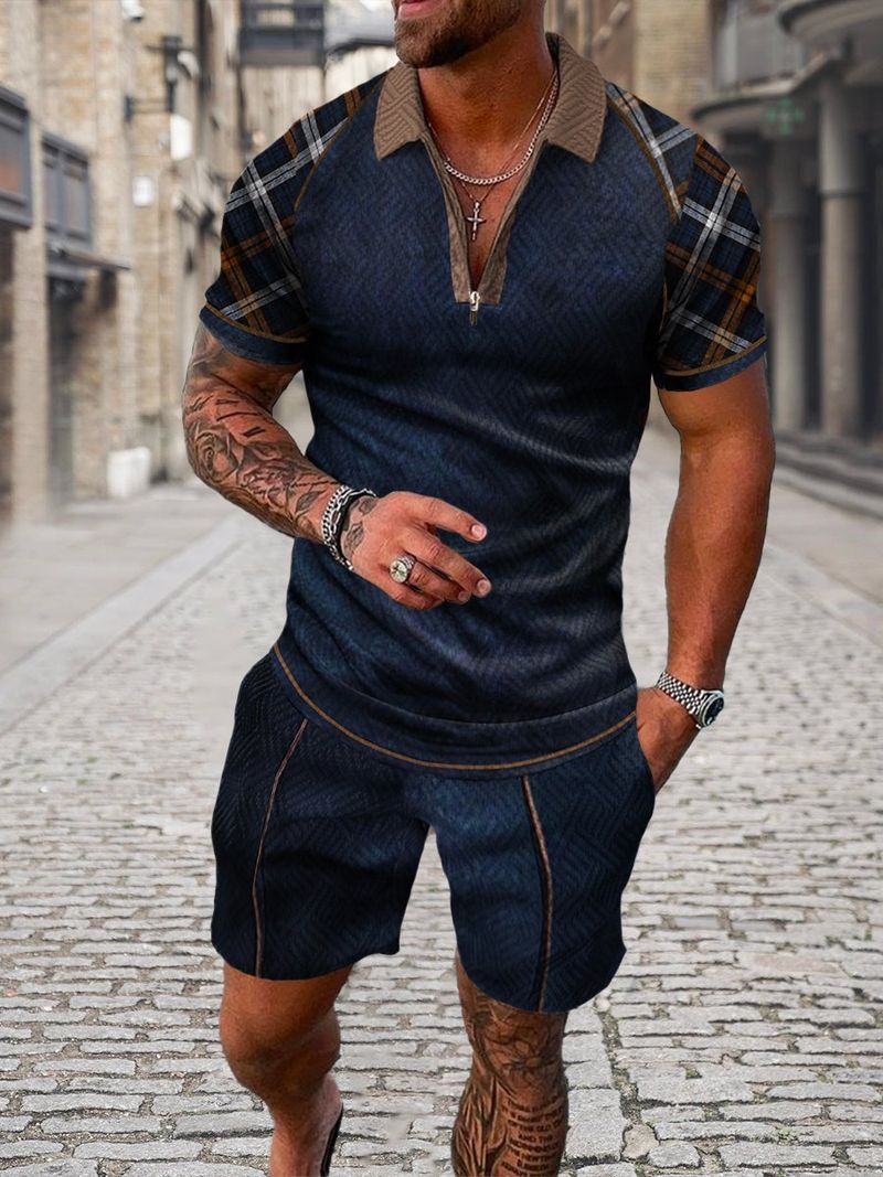 Set da 2 pezzi da uomo, motivo a pois rossi, comoda polo con zip alla moda e pantaloncini con coulisse in vita_voghion.com