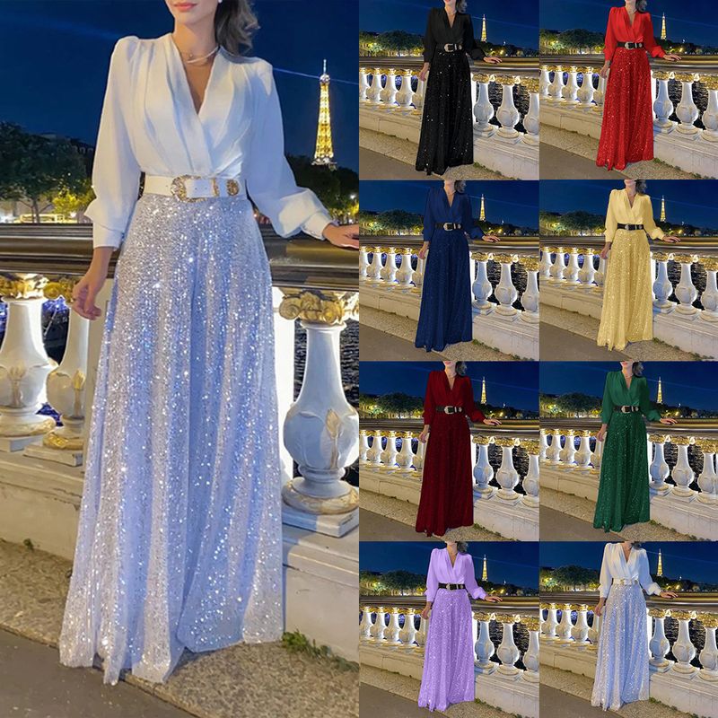 Moteriški drabužiai, nauji madingi V formos iškirptės ilgomis rankovėmis marškiniai, elegantiški, juosmenį liekninantys, liekninantys blizgučiais puošti plačios kelnės su diržu_voghion.com