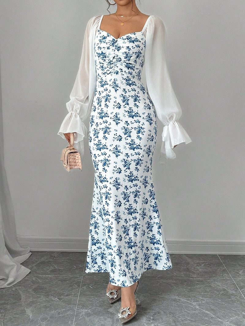 Chiffon- und Strickkleid mit V-Ausschnitt für Damen – Langärmliges Maxikleid mit Wickelsaum und Aufdruck_voghion.com