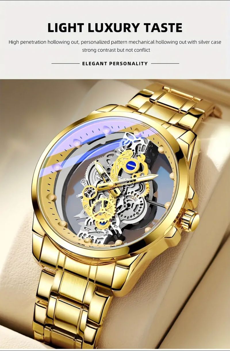 Men's Stainless Steel Skeleton Automatic Watch With Luminous Hands, Water Resistant 30M, Round Dial, Mineral Glass, Fashion Casual Dress Watch_voghion.com