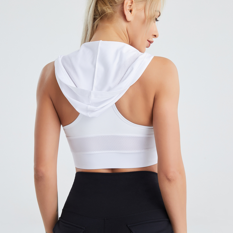 Cross-border hooded yoga wear for women summer mesh breathable quick-drying vest running nude sports bra with chest pads_voghion.com