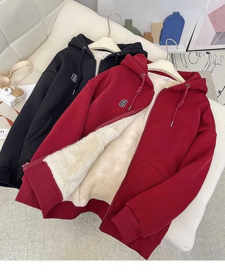 Damenbekleidung Samtverdicktes Sherpa-Sweatshirt mit Kapuze für Damen Lockere, warme, langärmelige Strickjacke mit Reißverschluss_voghion.com