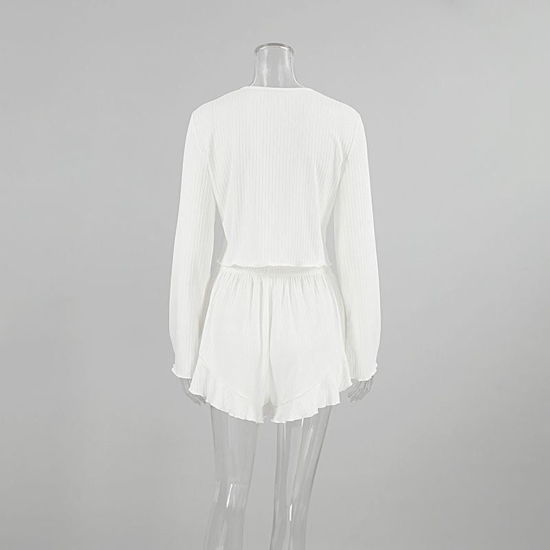 Pyjama blanc côtelé en tricot printemps 2025, manches longues, short à volants, deux pièces, vêtements d'intérieur pour femmes_voghion.com