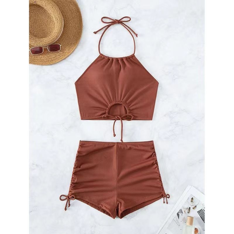 Maillot de bain une pièce, bikini à bretelles, couleur unie, col licou, fendu_voghion.com