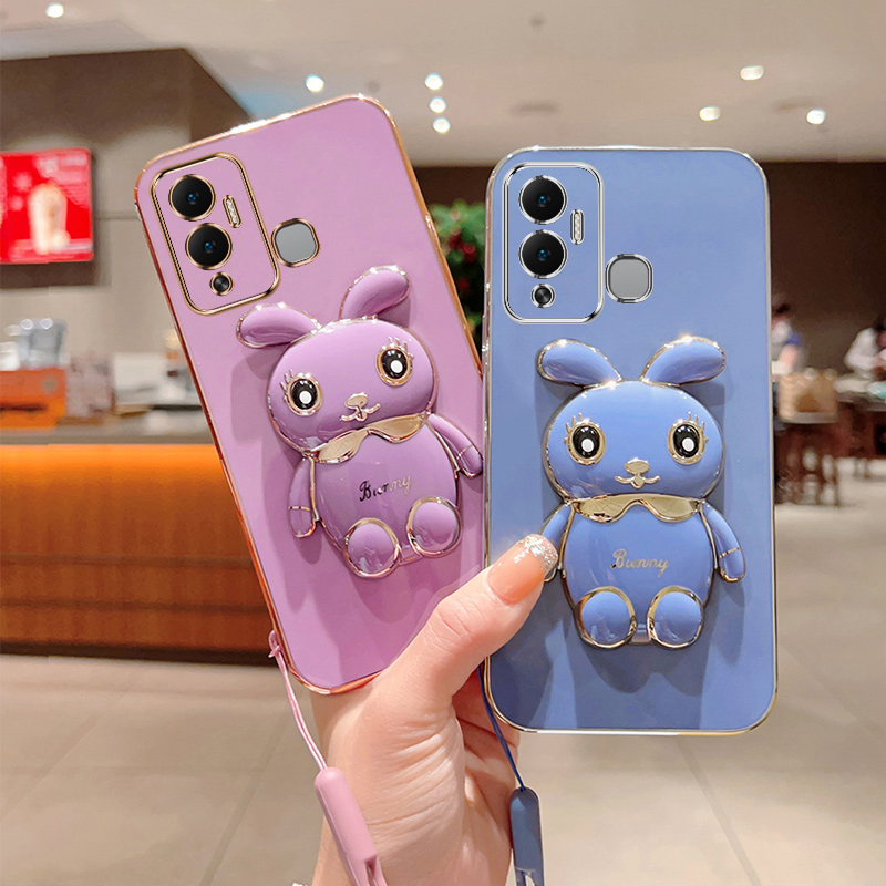 Cute Rabbit Plating Phone Bracket Case for Infinix Hot 12 12i 11 11S 10i 10 10S NFC 9 8 Pro Play Soft Back Cover with Lanyard_voghion.com
