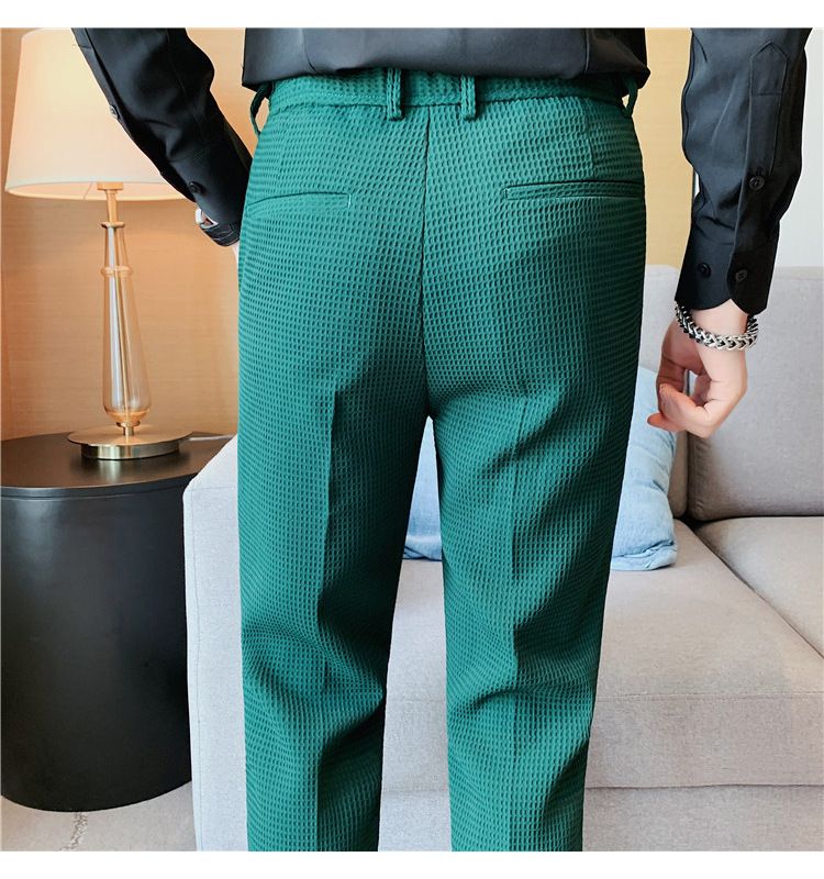 Men's Clothing Style Light Mature Men's Casual Waffle Trousers Waist Elastic Trousers Youth Skinny Trousers_voghion.com