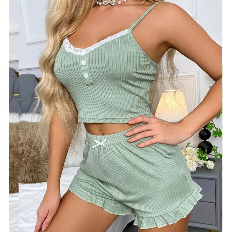 Sexy lace suspender pajamas suit shorts women's home wear Pajamas_voghion.com