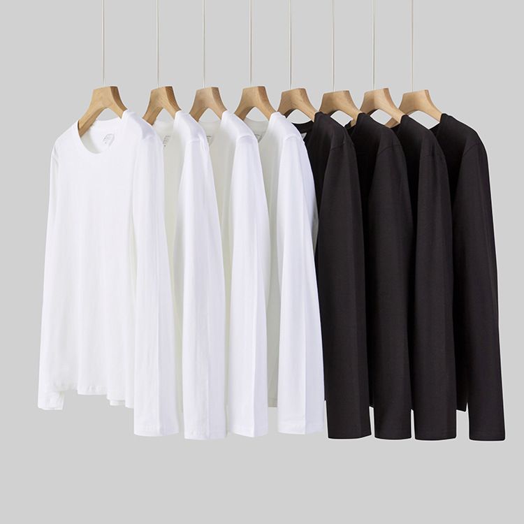 Schweres Langarm-T-Shirt aus reiner Baumwolle in Schwarz und Weiß für Herren, Basishemd für Frühling und Herbst, Oberteil mit innerer Schicht, rund_voghion.com