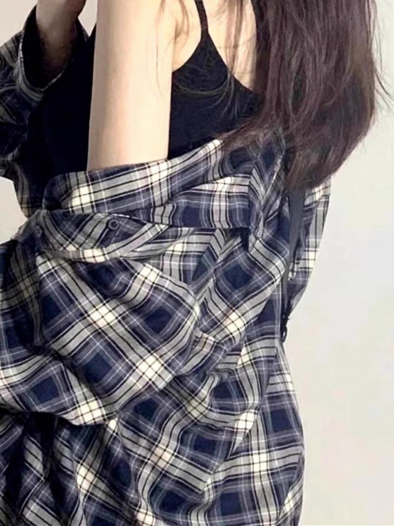 Camicia a quadri americana da donna, cappotto primaverile, cardigan, modello ampio, capospalla, top a maniche lunghe_voghion.com