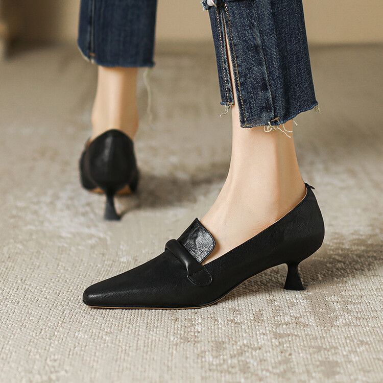 Punta quadrata, tacco sottile, bocca bassa, morbida pelle di pecora, da donna, stile unico 2025, nuovo, temperamento minimalista francese, di alta gamma_voghion.com
