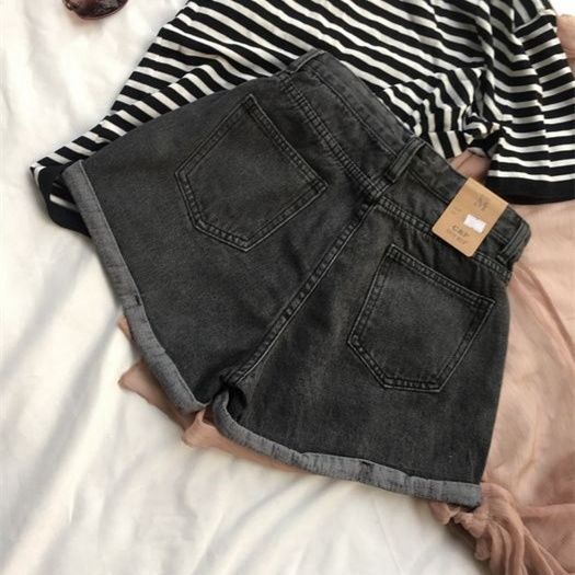 Pantaloncini in denim a vita alta estivi 2024 da donna, con bordo arricciato, modello a trapezio, aderenti e versatili, larghi e larghi_voghion.com