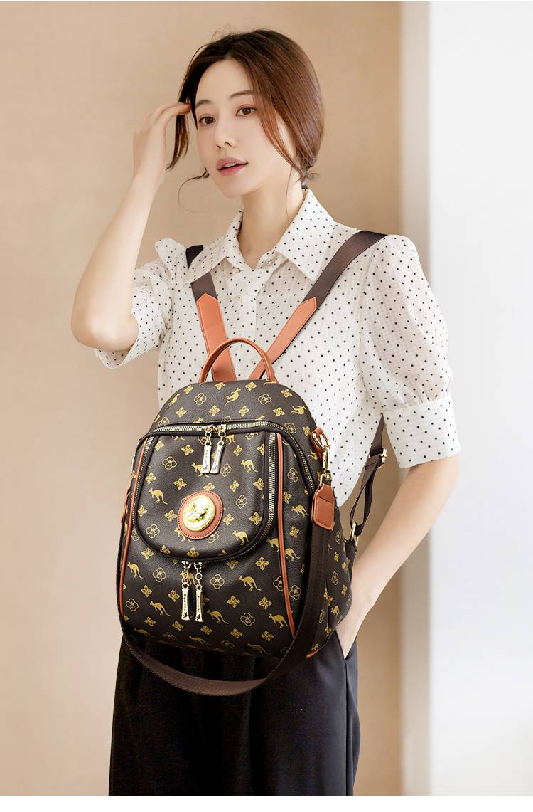 Zaino stampato da donna Kangaroo 2024 Nuovo zaino versatile alla moda e casual in morbida pelle, borsa da viaggio di grande capacità_voghion.com