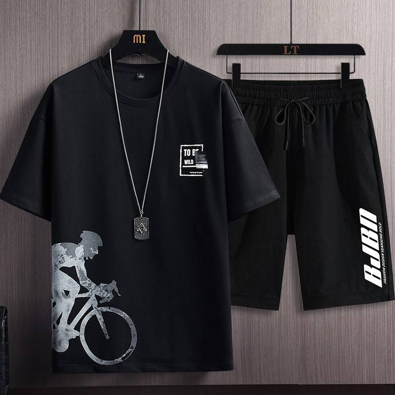 Men's Short-Sleeved T-Shirt Suit Snow Mountain Print Slim Fit Large Size Sports Two-Piece Set_voghion.com