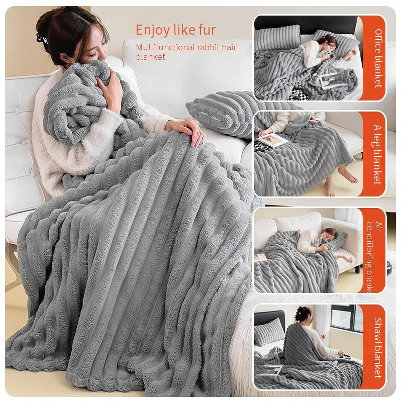 Coperta in pile di pelo di coniglio a doppio strato, ultra morbida e spessa, reversibile, per divano, pisolino, viaggio, coperta regalo di lusso in pile di corallo._voghion.com