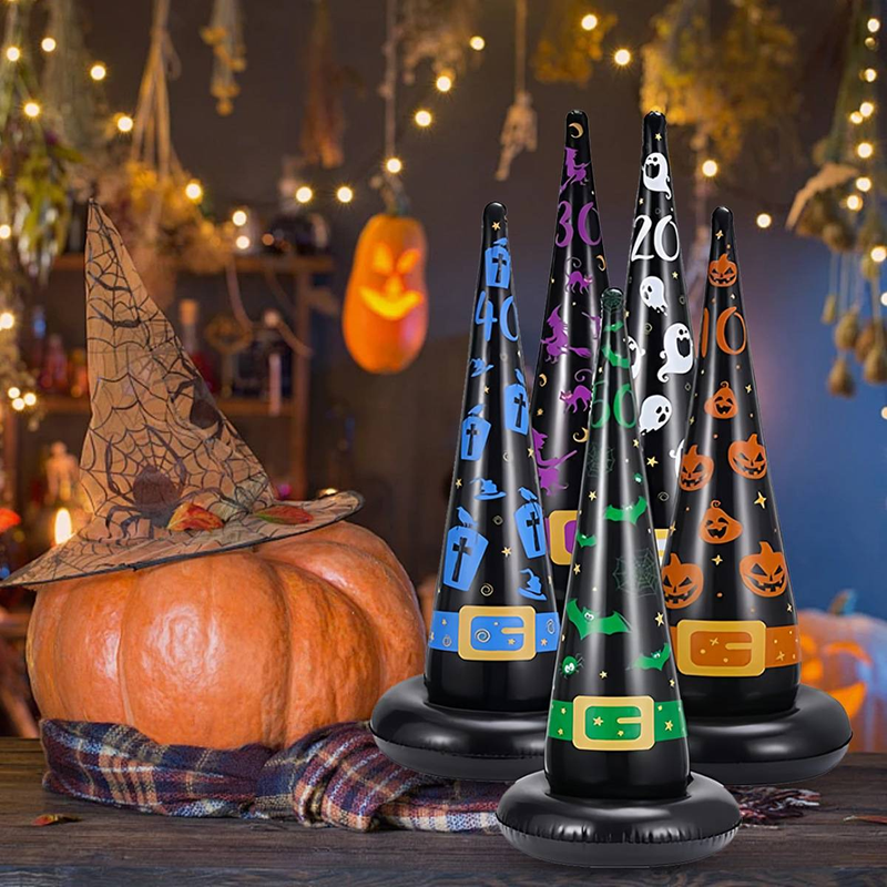 Aufblasbares Hexenhut-Ringwurfspiel, Halloween-Party-Aktivität mit 3 PVC-Hüten und Reifen, gruseliger Spaß für Kinder und Erwachsene_voghion.com