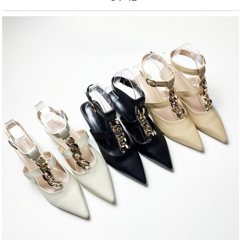Damenschuhe Frühling und Sommer Damenschuhe Neuer Stil Spitzschuh Schnalle Metallkette High Heel Pantoletten Sandalen Damenschuhe_voghion.com