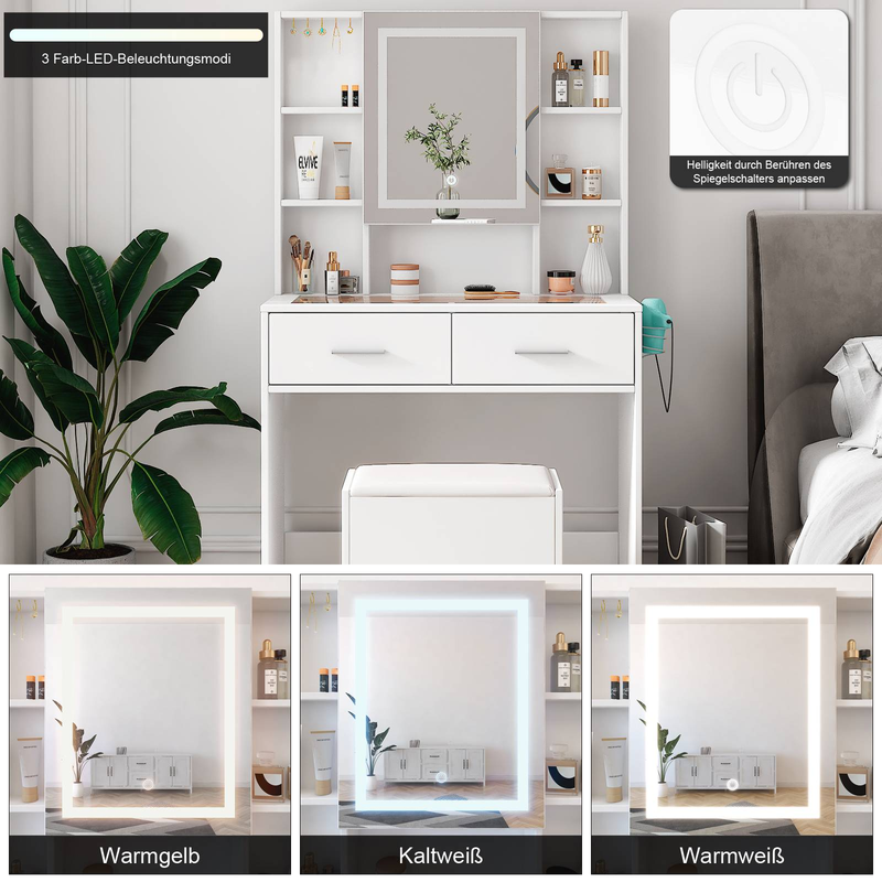 Modernes weißes Schminktisch-Set mit 3-farbigem LED-Spiegel und Steckdosen – Schminktisch mit 2 Schubladen, 4 Ablagen und Hocker, gehärtetem Glas, Haartrocknerhalter_voghion.com