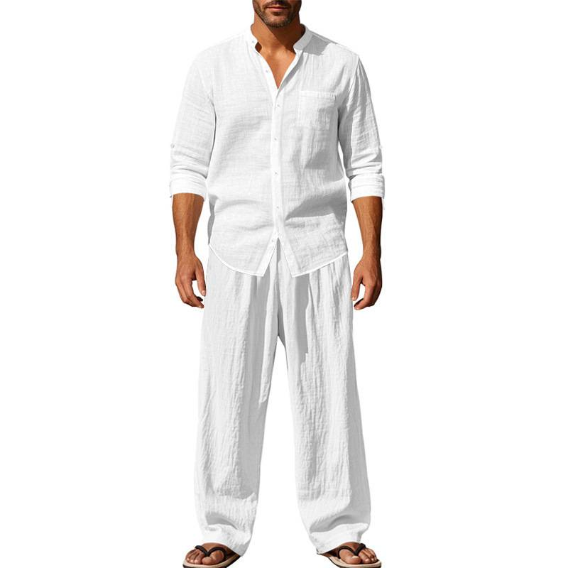 2025 Four Seasons Linen Men's Casual Set Loose Long-sleeved Long Pants Shirt Set For Men_voghion.com