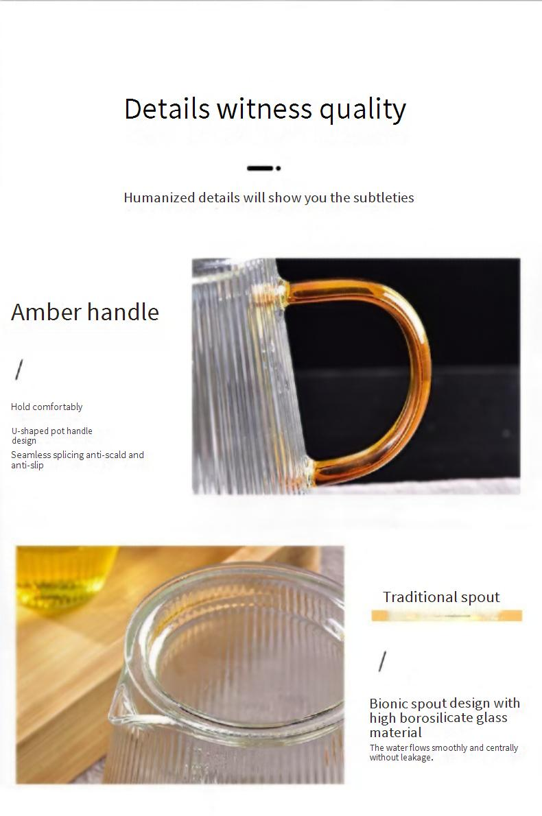 Hand-Painted Striped Glass Teapot With Bamboo Tray - Japanese Minimalist Style Heat-Resistant Tea Brewer (500ml/800ml/1000ml)_voghion.com