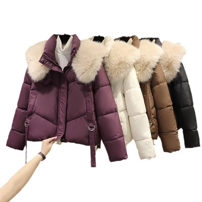 Kurze Pufferjacke für Damen im Winter mit abnehmbarem Kunstpelzkragen, lockere Passform, warme, gemütliche Oberbekleidung in Schwarz/Braun/Creme/Wein_voghion.com